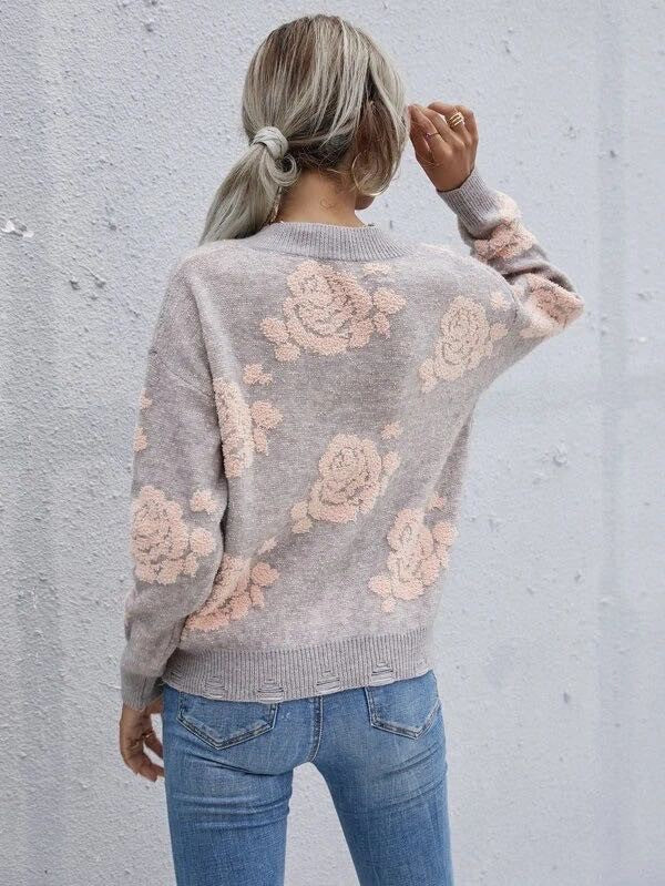 Rose Pattern V-Neck Sweater