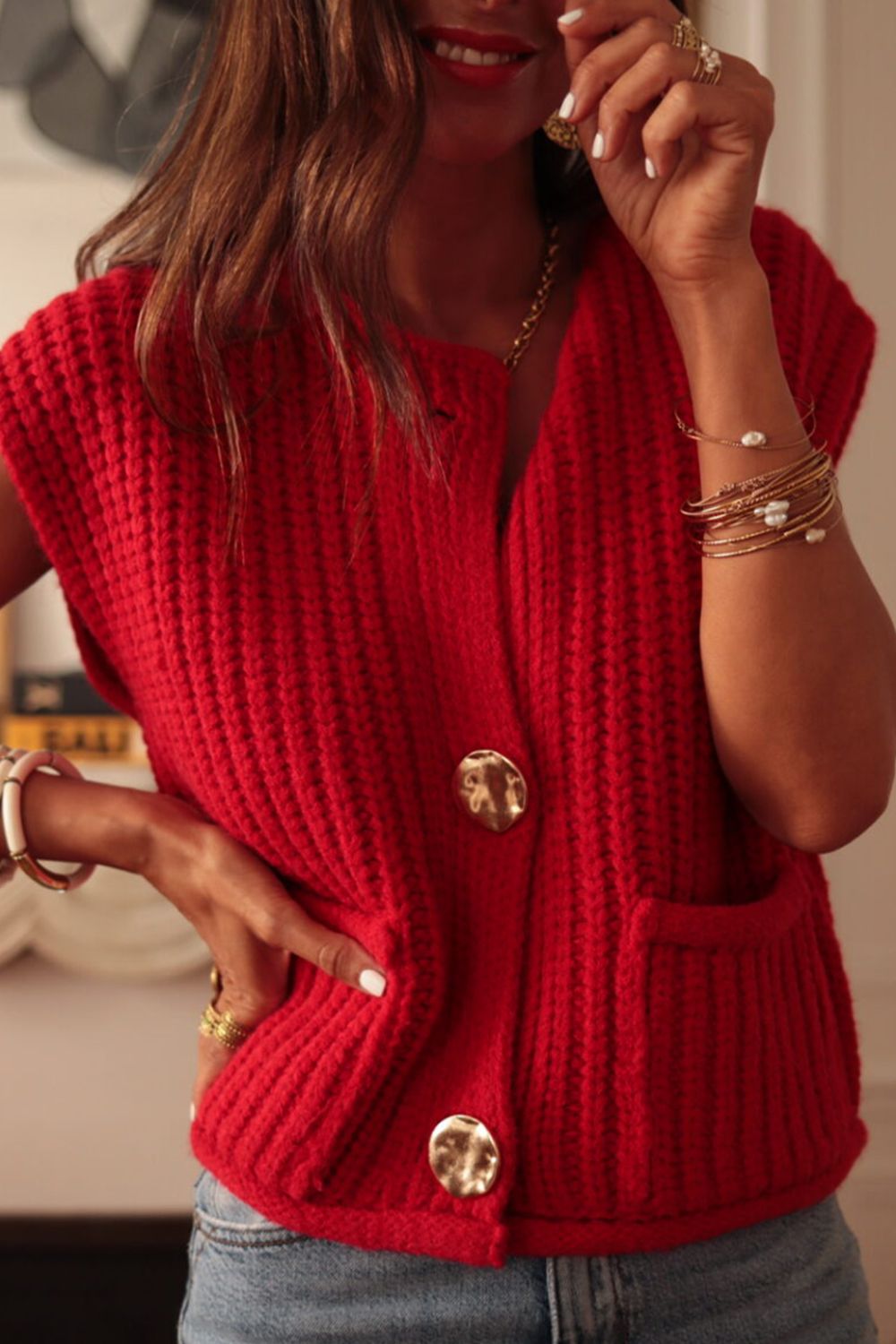 Button Down Chunky Sweater Vest with Pockets