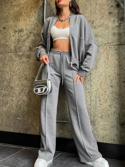 Baseball Collar Zip Up Top and Drawstring Pants Set