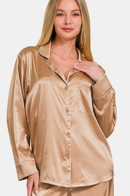 Zenana Brushed Tan Satin Pajama Set