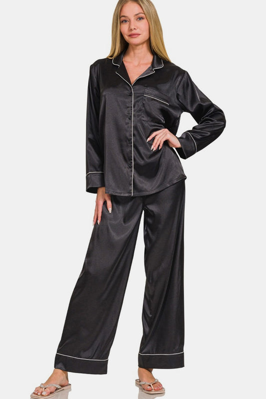 Zenana Black Satin Pajama Set