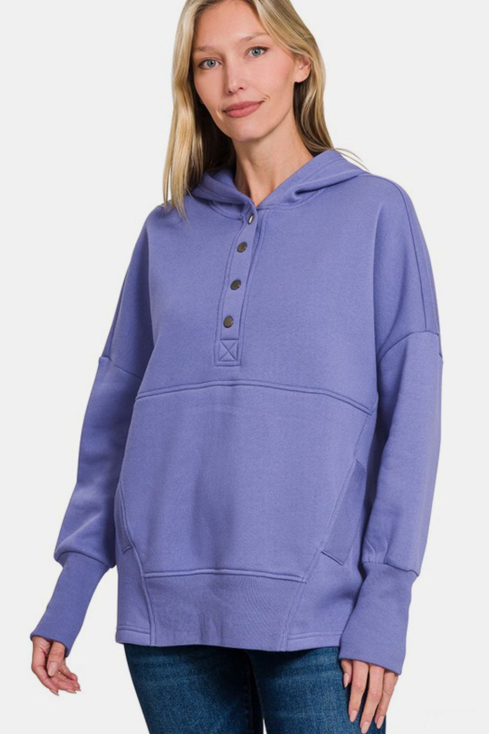 Zenana Half Snap Long Sleeve Hoodie