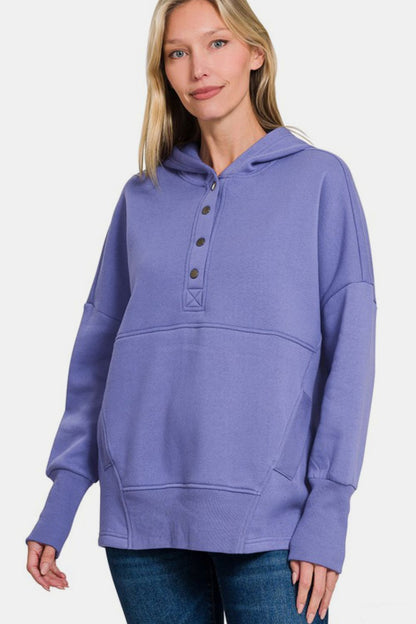 Zenana Half Snap Long Sleeve Hoodie