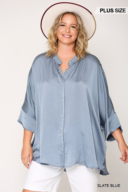 Washed Satin Button Down Loose Fit Top With Hi-Lo Hem