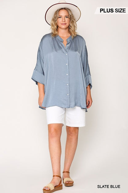 Washed Satin Button Down Loose Fit Top With Hi-Lo Hem