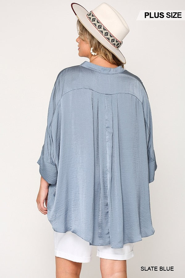 Washed Satin Button Down Loose Fit Top With Hi-Lo Hem