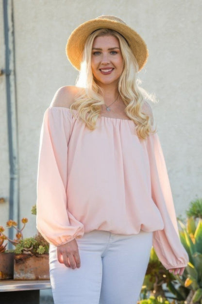 Off-The-Shoulder Long Bubble Sleeve Solid Top