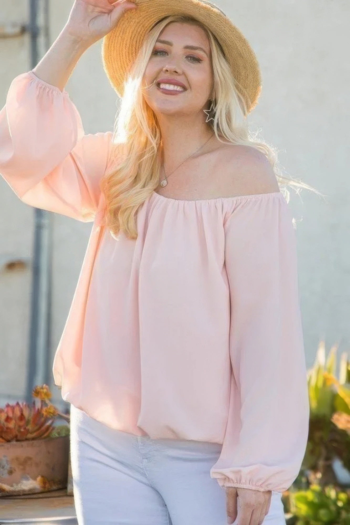 Off-The-Shoulder Long Bubble Sleeve Solid Top