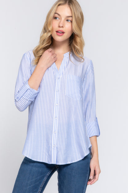 Long Sleeve Split Neck Stripe Woven Shirt