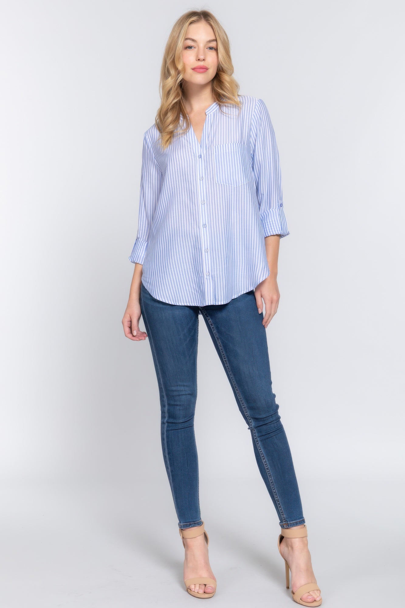 Long Sleeve Split Neck Stripe Woven Shirt