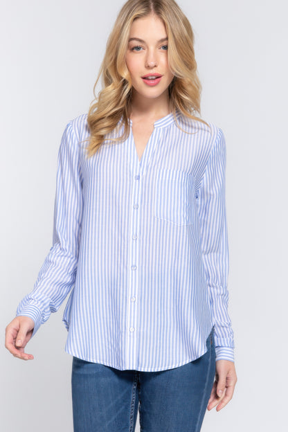 Long Sleeve Split Neck Stripe Woven Shirt