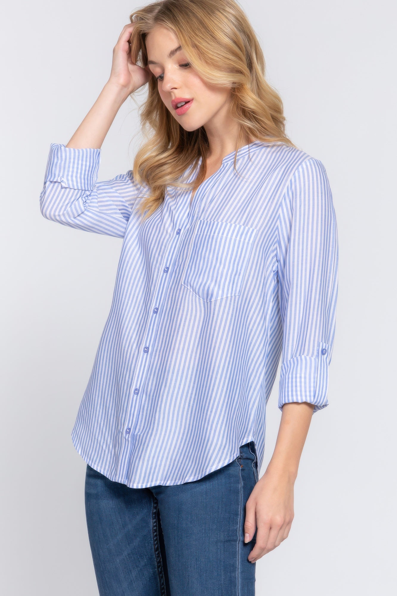 Long Sleeve Split Neck Stripe Woven Shirt