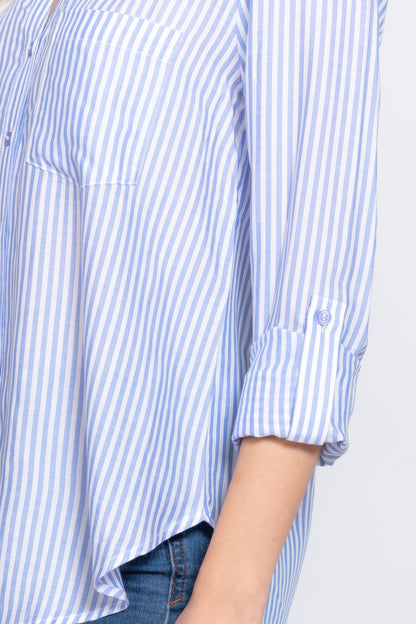 Long Sleeve Split Neck Stripe Woven Shirt