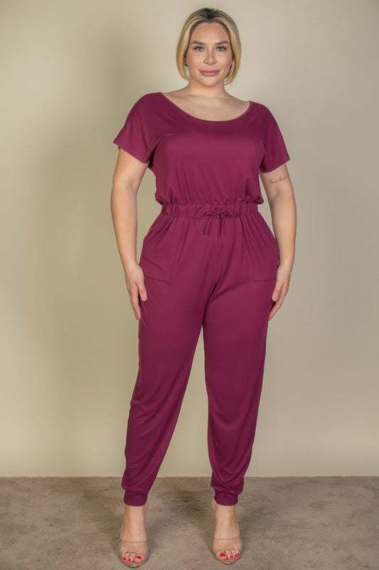 Plus Size Open Shoulder Drawstring Jumpsuit