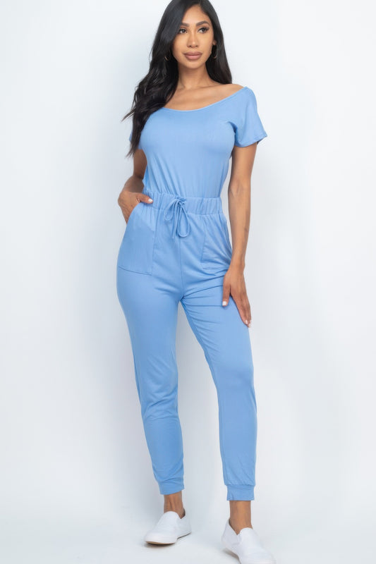 Open Shoulder Drawstring Jumpsuit