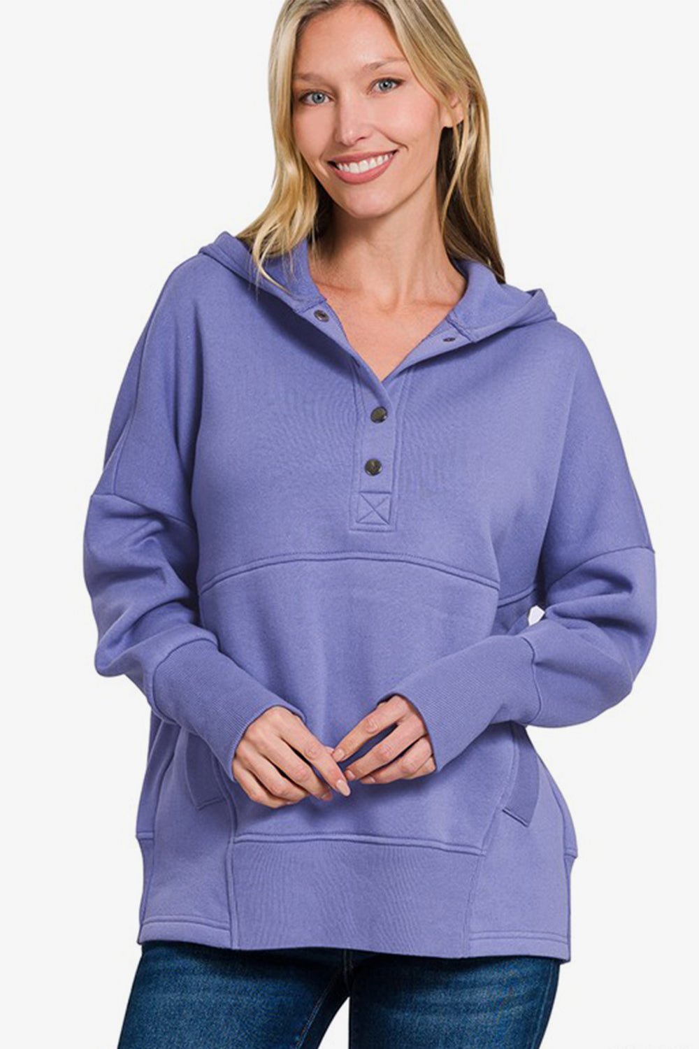 Zenana Half Snap Long Sleeve Hoodie