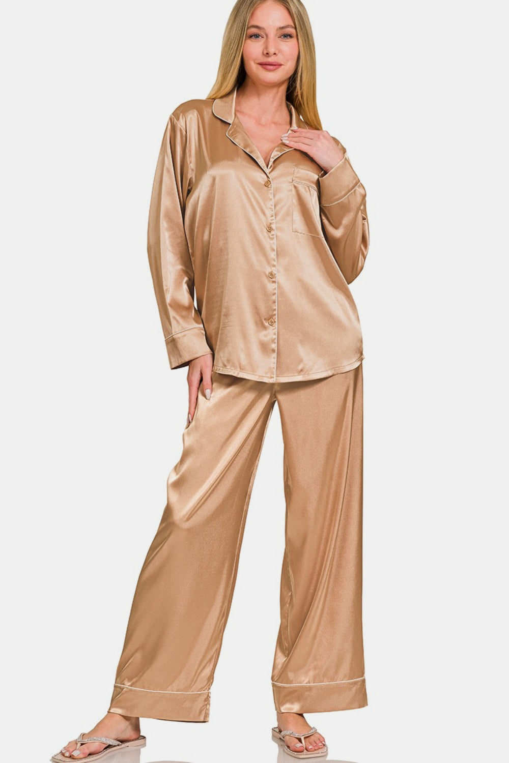 Zenana Brushed Tan Satin Pajama Set