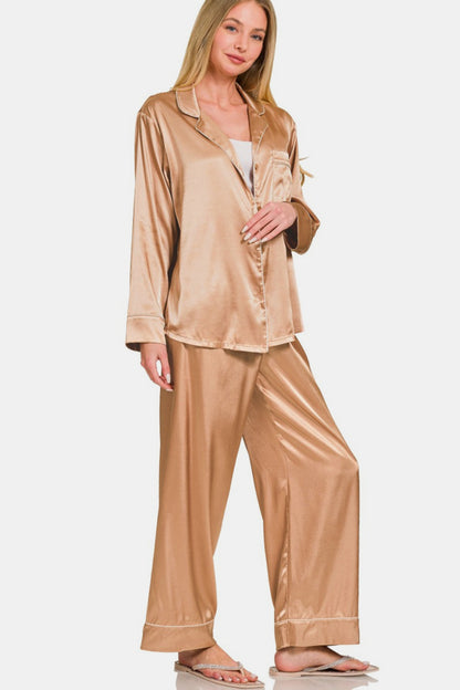 Zenana Brushed Tan Satin Pajama Set